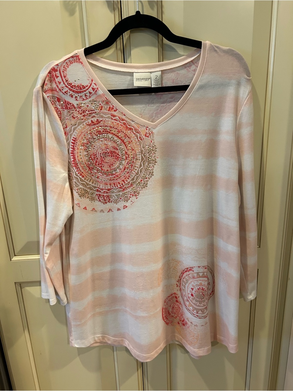 Chico’s Pink Striped V-Neck Embellished Top - Size Large